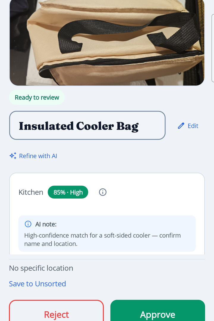 HoardIQ Review screen showing AI suggestions for a captured item