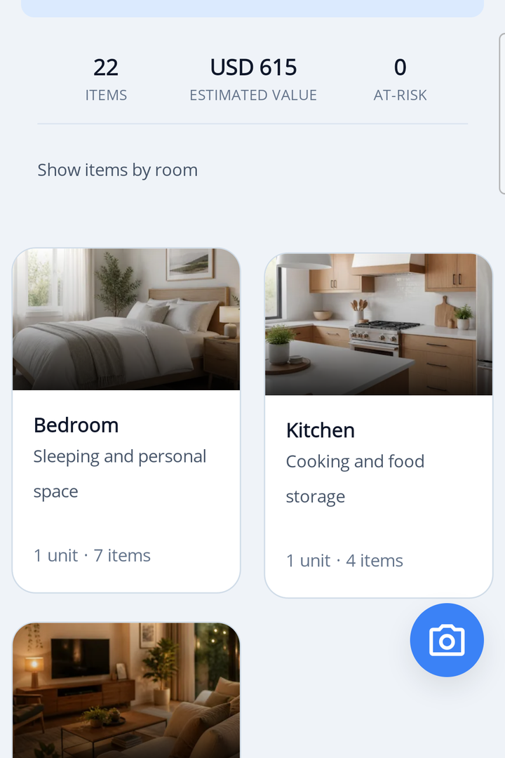 HoardIQ app showing organized home and room list