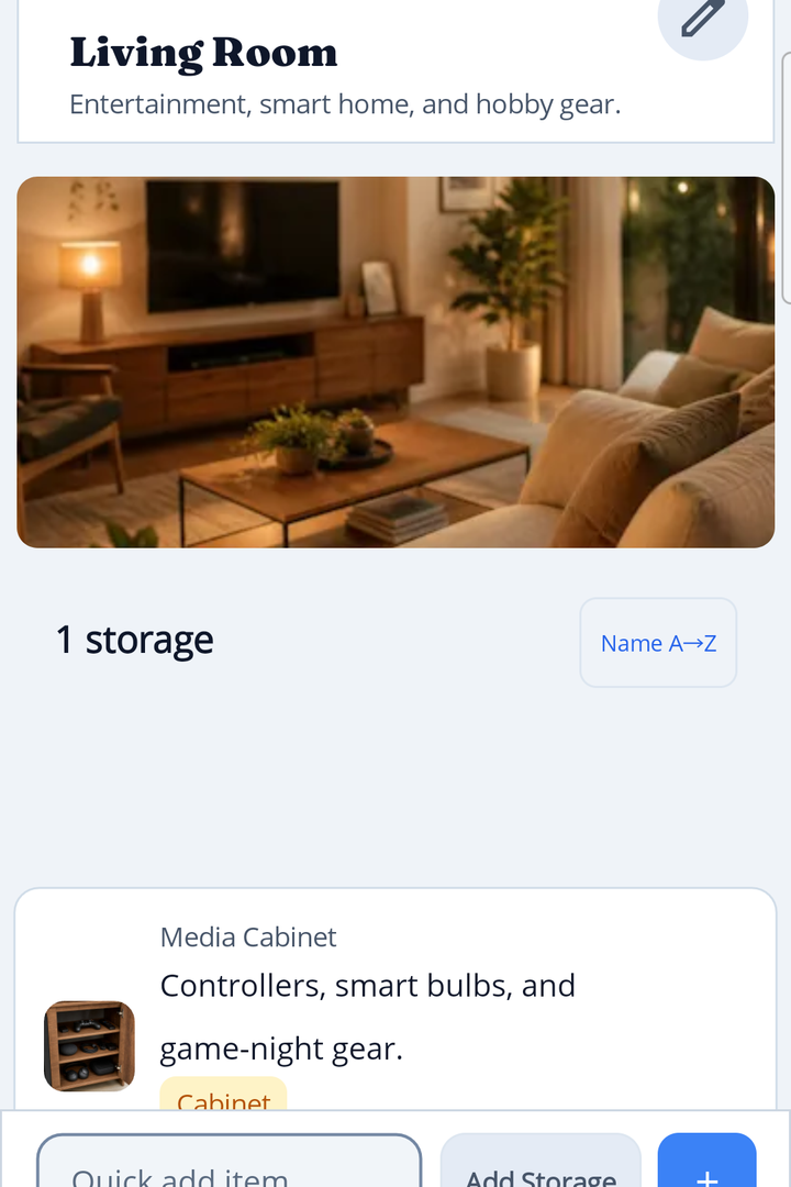 HoardIQ room overview with storage sections