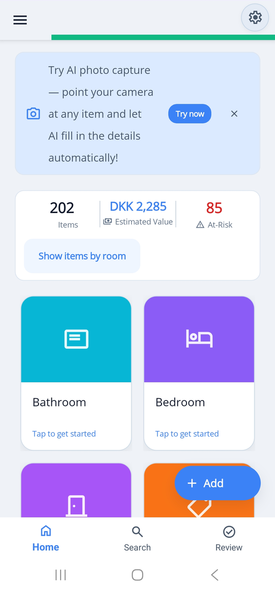 HoardIQ app showing organized home and room list