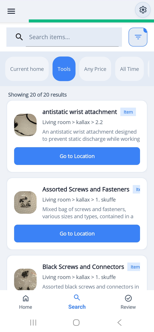 HoardIQ search results showing items by location